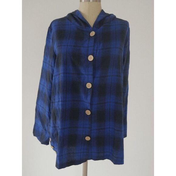 Plaid Knit Button-Accent Hooded button-down shirt M - Picture 3 of 9